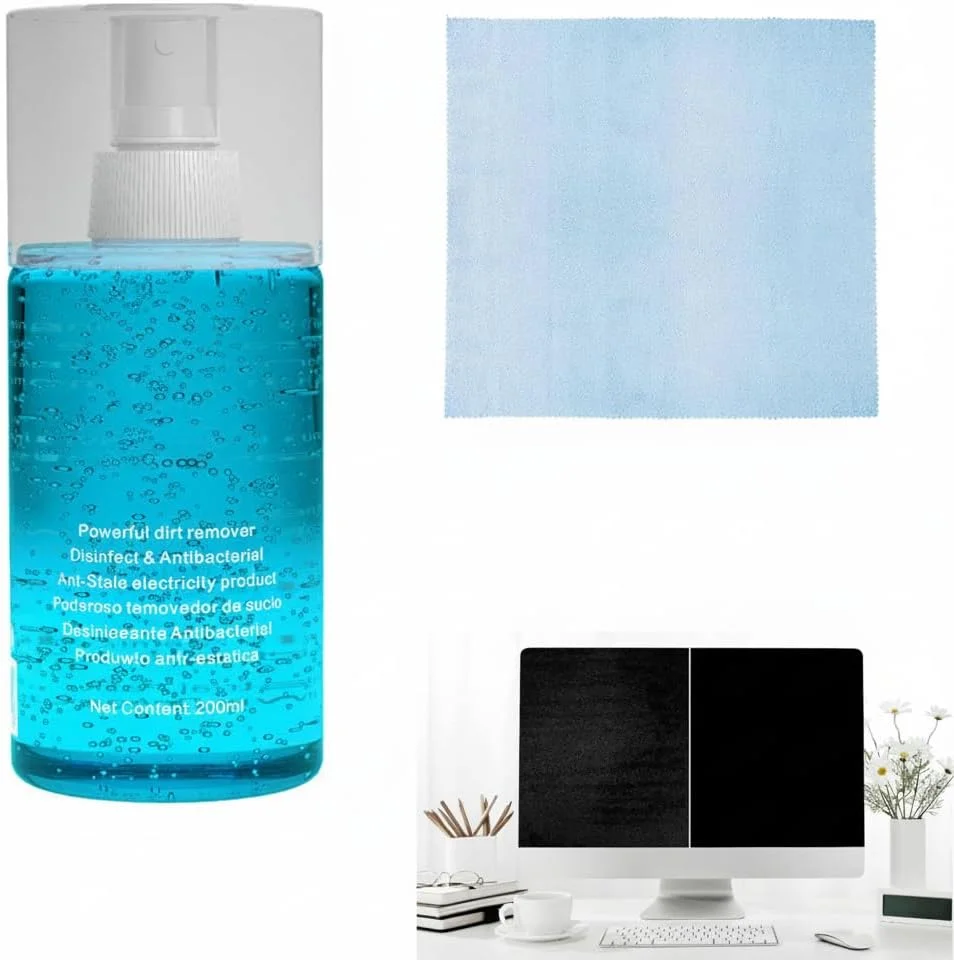 اسپری تمیز کننده صفحه نمایش با پارچه نرم و مخمل خواب دار - ضد الکتریسیته ساکن، تمیز کننده بدون رگه برای سی دی، دی وی دی، وینیل، لوازم الکترونیکی، لپ تاپ، تبلت، تلفن، مانیتور، عینک و لنز دوربین - 200 میلی لیتر