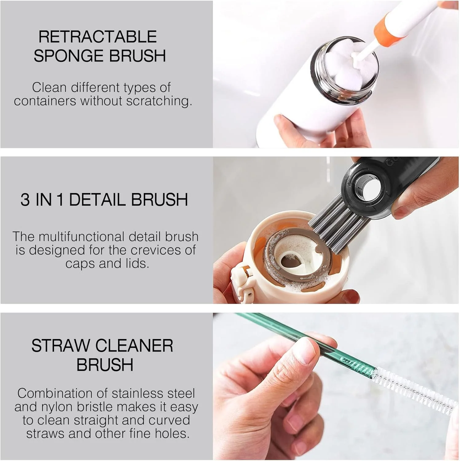 برس شیشه شوی 3 در 1، به همراه برس تمیز کننده نی و تمیز کننده سرشیشه، برس شستشوی بطری آب دسته بلند، کیت تمیز کننده شیشه شیر کودک، برای تمیز کردن بطری های ورزشی، شیشه شیر کودک، لیوان قهوه