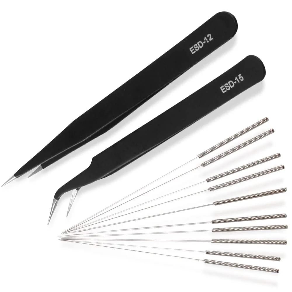 کیت ابزار تمیز کننده نازل پرینتر KASTWAVE شامل 13 قطعه - سوزن های استیل ضد زنگ 0.4 میلی متری به همراه 2 عدد موچین و تمیز کننده گرفتگی فیلامنت، لوازم جانبی پرینتر سه بعدی