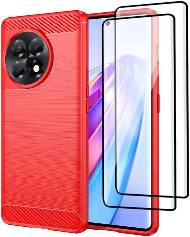 قاب محافظ گوشی QINOUK برای OnePlus Ace 2، طراحی بافت برس خورده [ضد اثر انگشت]، قاب TPU نرم به همراه محافظ صفحه نمایش شیشه ای حرارت دیده [2 عددی] برای OnePlus Ace 2 - قرمز
