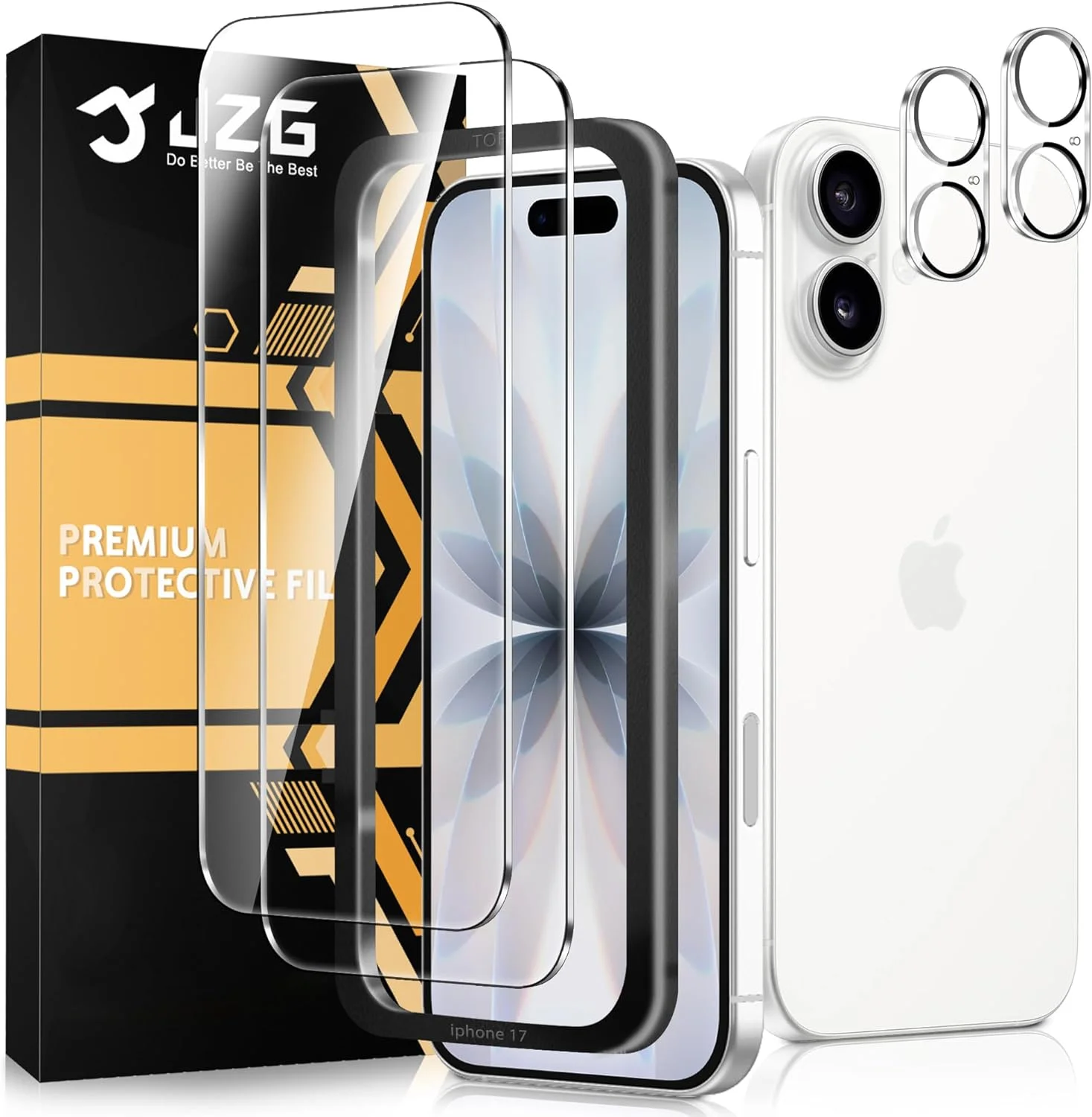 محافظ صفحه نمایش شیشه ای حرارت دیده JZG 2 + 2 عددی برای آیفون 17، شامل 2 محافظ صفحه نمایش + 2 محافظ دوربین، سختی 9H، بدون حباب، ضد خش، شفافیت HD محافظ صفحه نمایش شیشه ای حرارت دیده JZG 2 + 2 عددی برای آیفون 17، شامل 2 محافظ صفحه نمایش + 2 محافظ دوربین، سختی 9H، بدون حباب، ضد خش، شفافیت HD