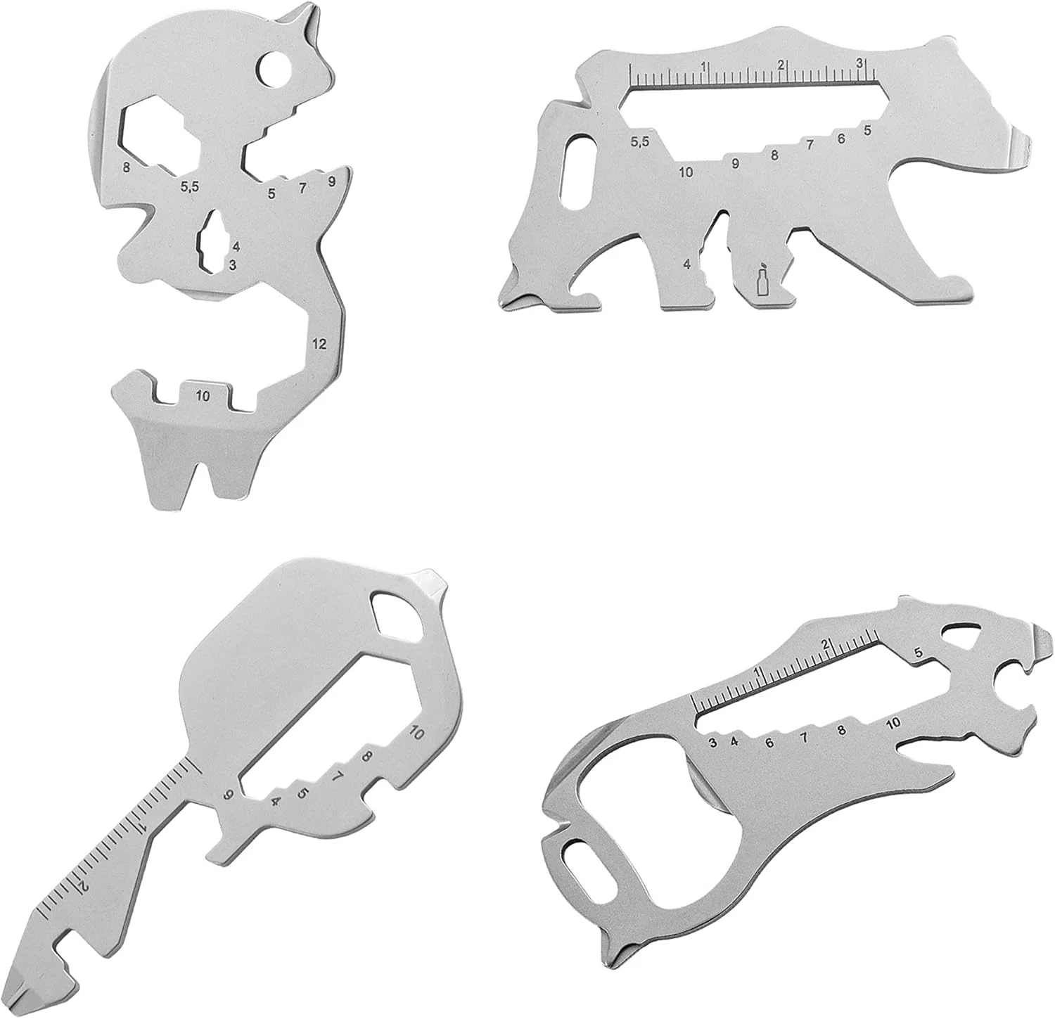 جاکلیدی چندکاره، ابزار جیبی به شکل کلید 4 عددی استیل ضد زنگ، ابزار جهانی با عملکردهای درب بازکن بطری، آچار، پیچ گوشتی، خط کش متریک، سیم چین، کارابین کوله پشتی (نقره ای، اندازه جیبی)