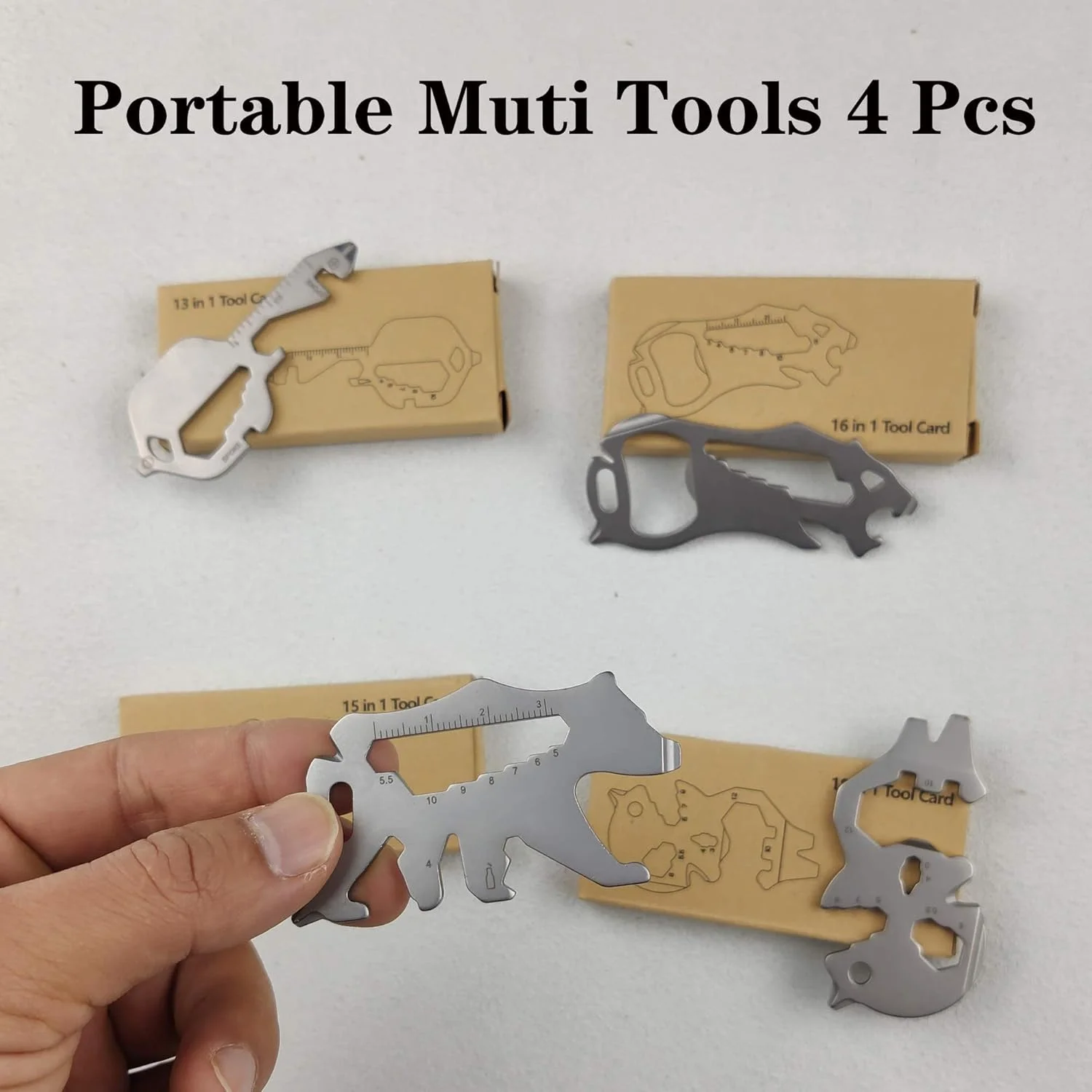 جاکلیدی چندکاره، ابزار جیبی به شکل کلید 4 عددی استیل ضد زنگ، ابزار جهانی با عملکردهای درب بازکن بطری، آچار، پیچ گوشتی، خط کش متریک، سیم چین، کارابین کوله پشتی (نقره ای، اندازه جیبی)