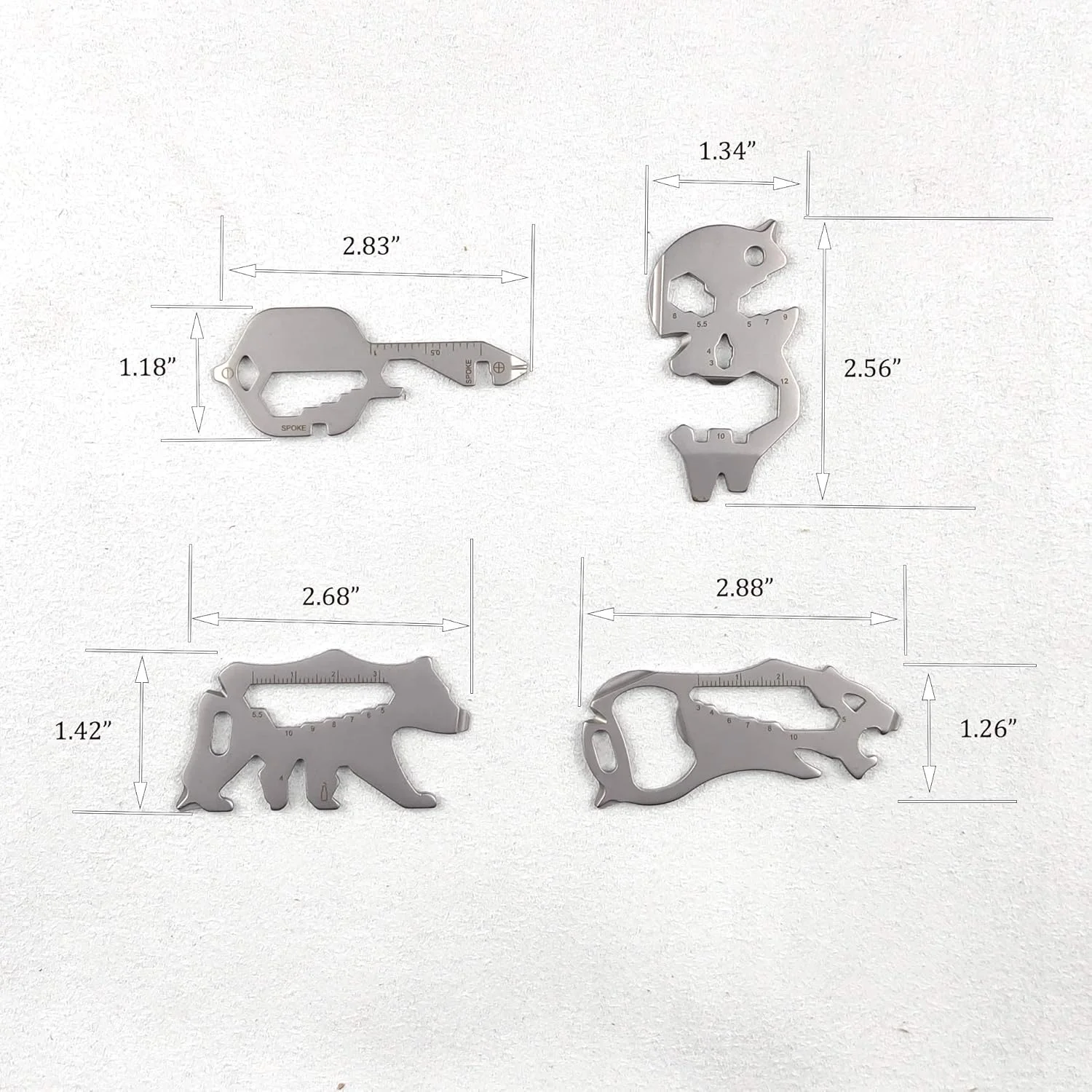 جاکلیدی چندکاره، ابزار جیبی به شکل کلید 4 عددی استیل ضد زنگ، ابزار جهانی با عملکردهای درب بازکن بطری، آچار، پیچ گوشتی، خط کش متریک، سیم چین، کارابین کوله پشتی (نقره ای، اندازه جیبی)