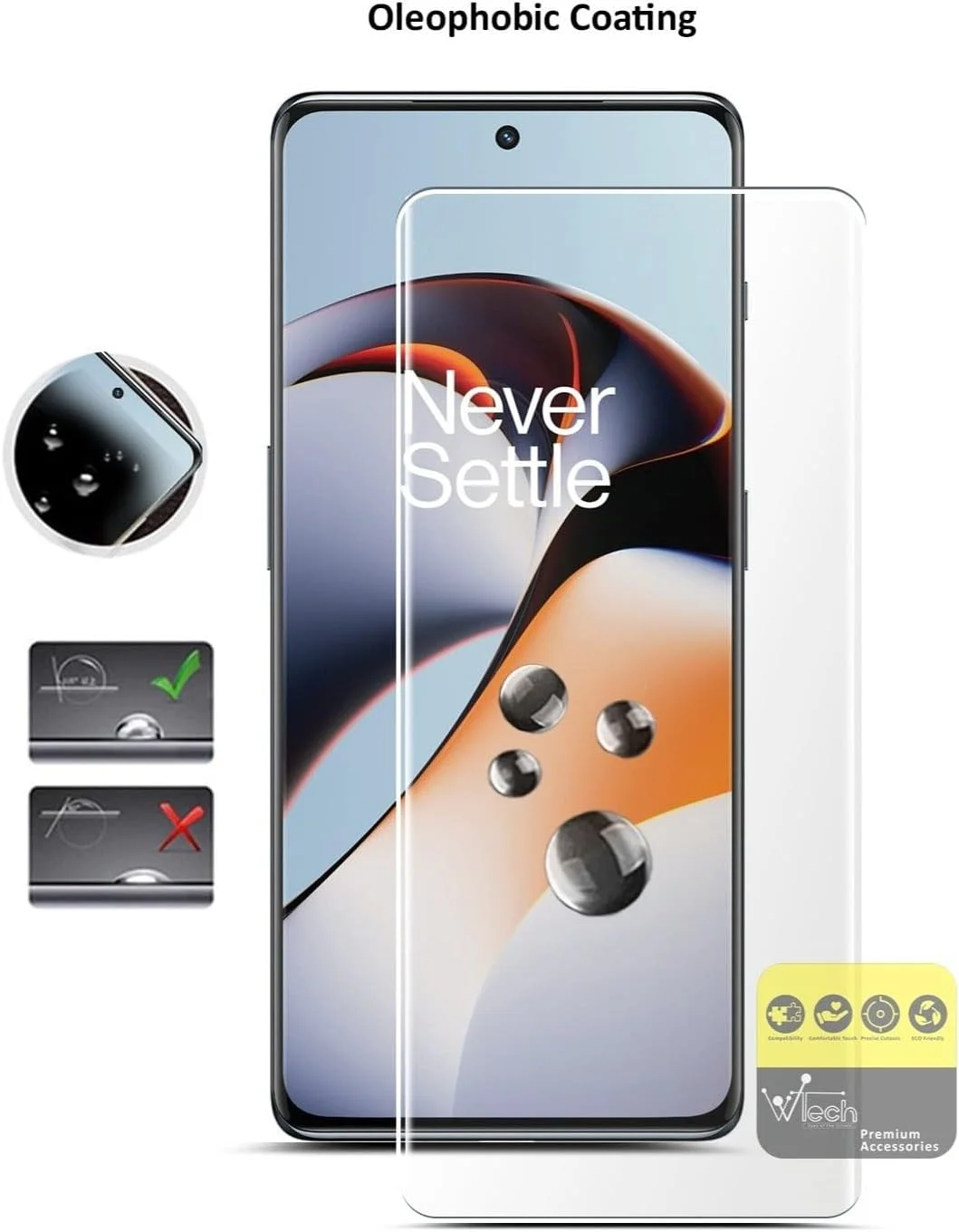 محافظ صفحه نمایش شیشه ای حرارت دیده منحنی Wtech Premium با چسب UV کامل و پوشش کامل برای OnePlus 11R 5G 2023، شفاف