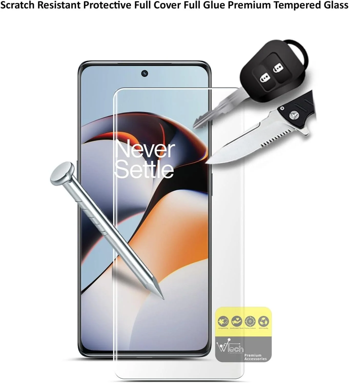 محافظ صفحه نمایش شیشه ای حرارت دیده منحنی Wtech Premium با چسب UV کامل و پوشش کامل برای OnePlus 11R 5G 2023، شفاف