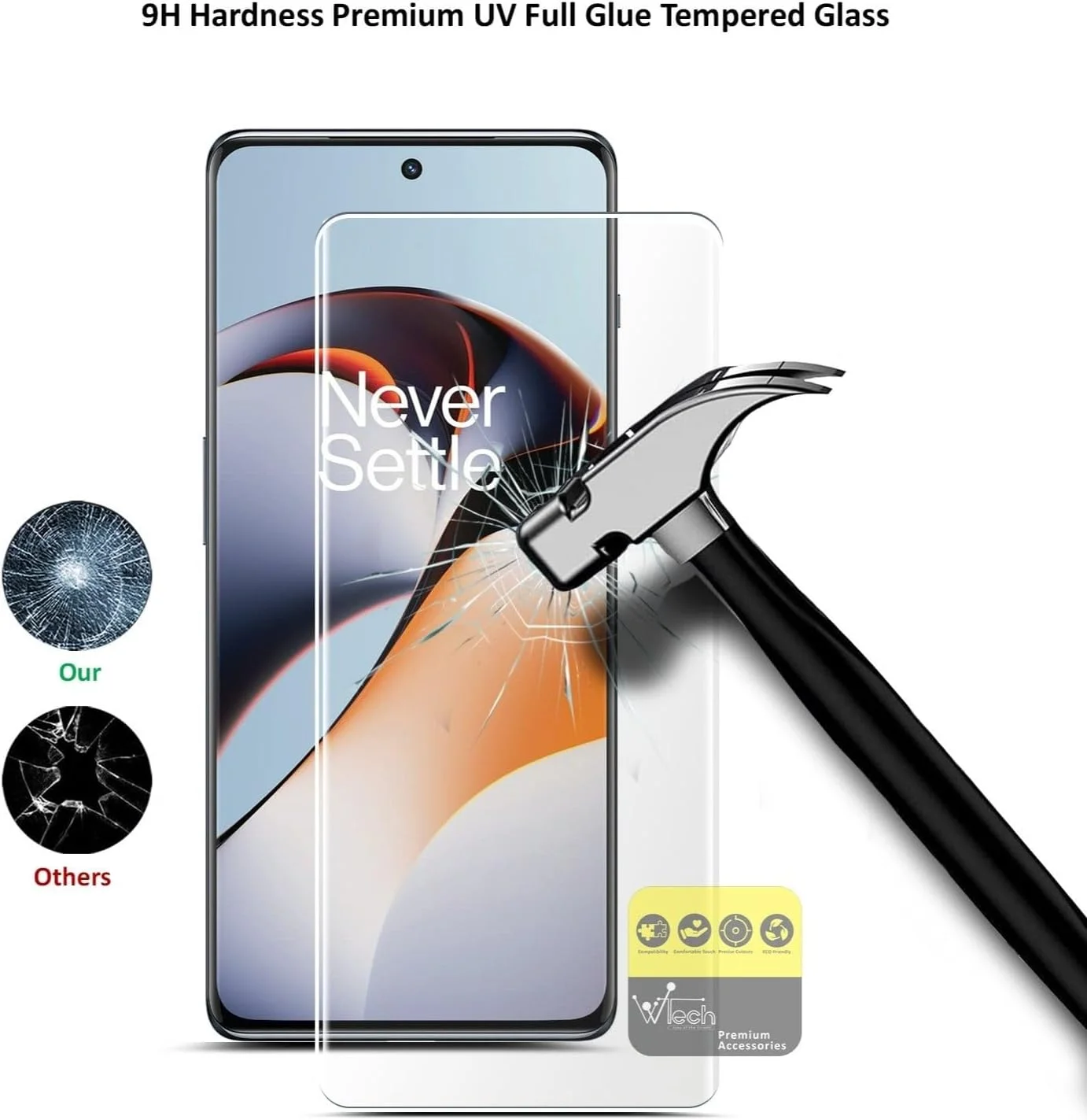 محافظ صفحه نمایش شیشه ای حرارت دیده منحنی Wtech Premium با چسب UV کامل و پوشش کامل برای OnePlus 11R 5G 2023، شفاف