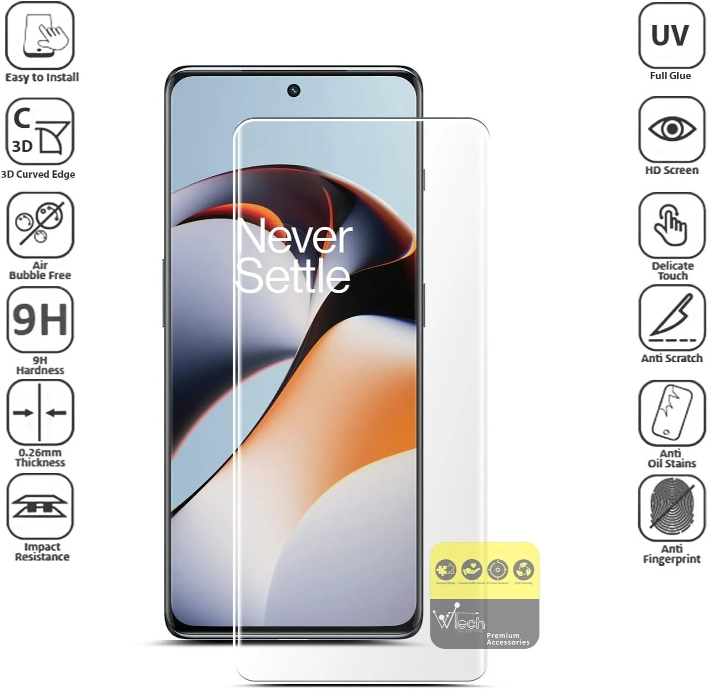 محافظ صفحه نمایش شیشه ای حرارت دیده منحنی Wtech Premium با چسب UV کامل و پوشش کامل برای OnePlus 11R 5G 2023، شفاف