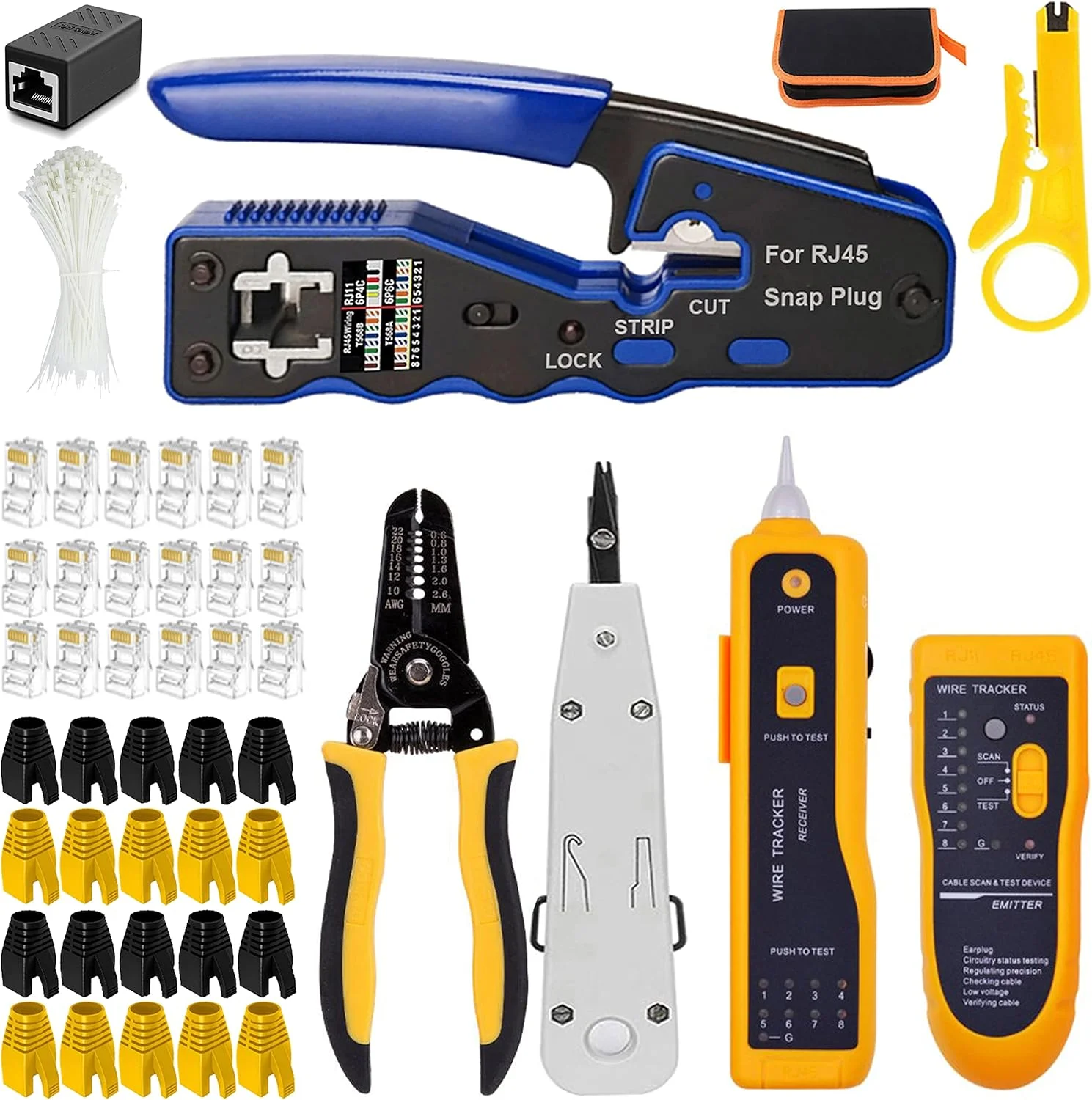 کیت تعمیر سیم شبکه MAYLINE Cat5 Cat6 Cat6e برای کابل تلفن قابل حمل برای RJ11 RJ45، ابزار سیم لخت کن، ردیاب داده سیم پانچ (مشکی)