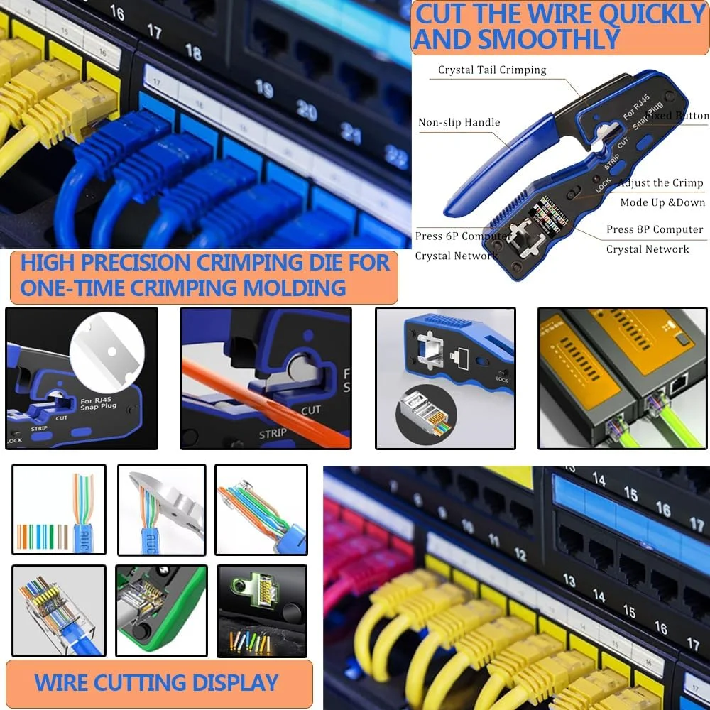 کیت تعمیر سیم شبکه MAYLINE Cat5 Cat6 Cat6e برای کابل تلفن قابل حمل برای RJ11 RJ45، ابزار سیم لخت کن، ردیاب داده سیم پانچ (مشکی)