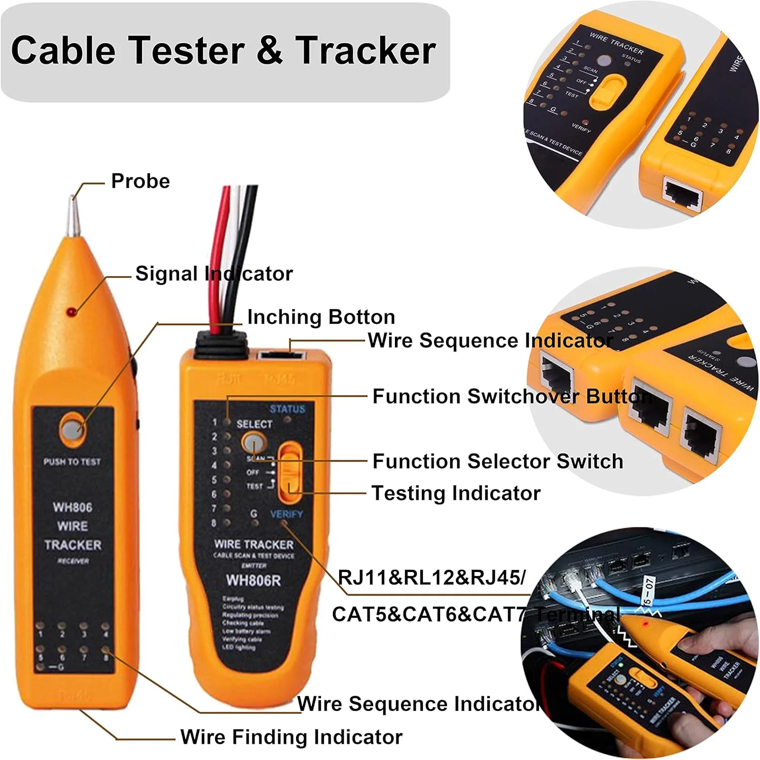 کیت تعمیر سیم شبکه MAYLINE Cat5 Cat6 Cat6e برای کابل تلفن قابل حمل برای RJ11 RJ45، ابزار سیم لخت کن، ردیاب داده سیم پانچ (مشکی)