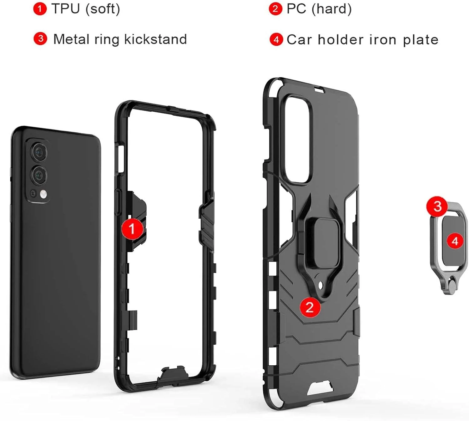 قاب ویوو برای وان پلاس نورد 2 5G به همراه 2 محافظ صفحه شیشه ای، قاب TPU / PC ضد ضربه با حلقه چرخش 360 درجه، قاب محافظ سیلیکونی، مشکی