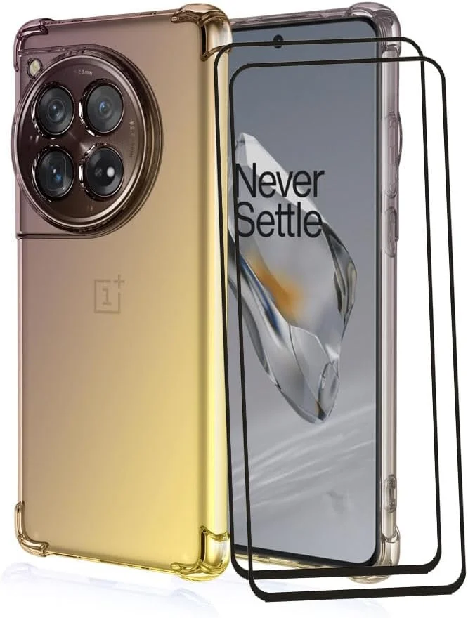 کاور RonRun برای OnePlus 12 به همراه 2 محافظ صفحه نمایش شیشه ای حرارت دیده، TPU ضد خش، رنگ градиент شفاف، پوشش محافظ مشکی طلایی