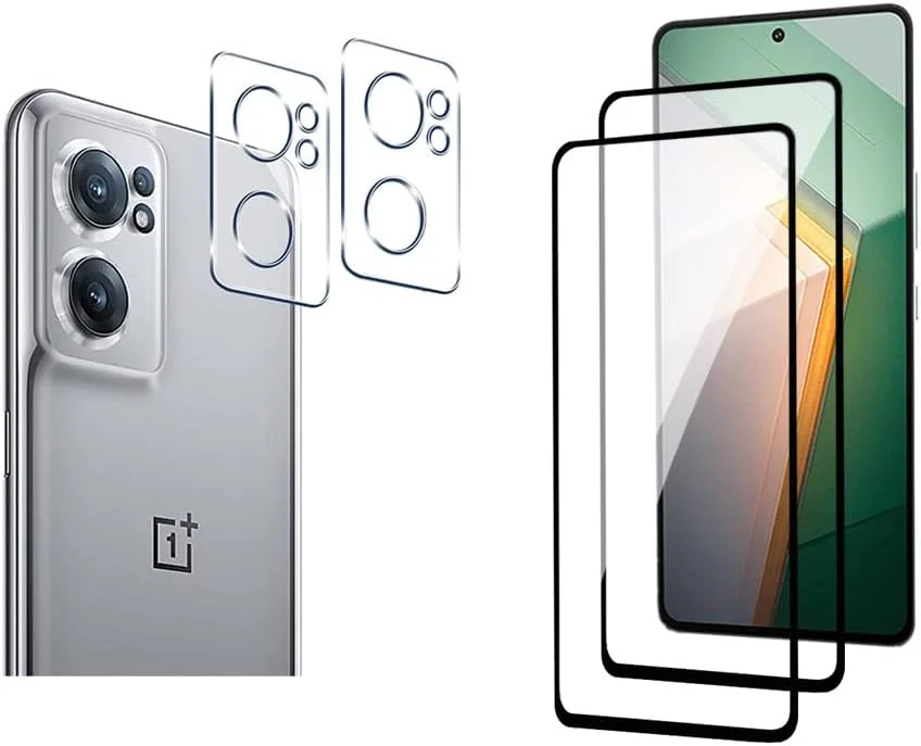 محافظ صفحه نمایش QINOUK برای OnePlus Nord CE 2 5G [بسته 2+2 عددی]، [2 عدد] محافظ صفحه نمایش تمام صفحه، [2 عدد] محافظ لنز دوربین شیشه ای حرارت دیده شفاف HD، [ضد خش]