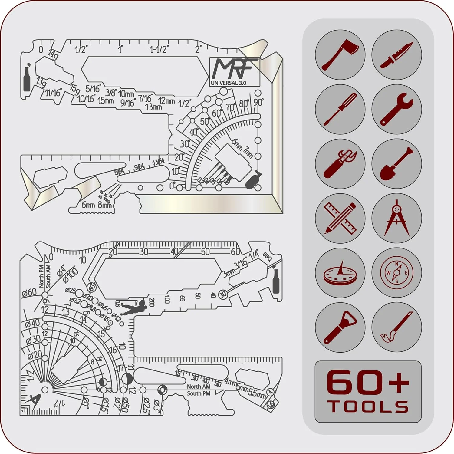ابزار چندکاره کارتی MRF مدل Universal 3.0 - ابزار کیف پول EDC 60 در 1 - تیتانیوم - ساخت اوکراین و تست شده در شرایط جنگی - برای تعمیرات، فضای باز، مسافرت