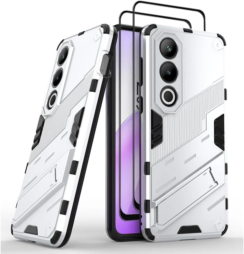 کاور محافظ GMUJIAO سازگار با OnePlus Nord CE 4، کاور ضد ضربه و ضد خش، کاور دارای استند به همراه 2 محافظ صفحه نمایش شیشه ای حرارت دیده ضد خش - سفید