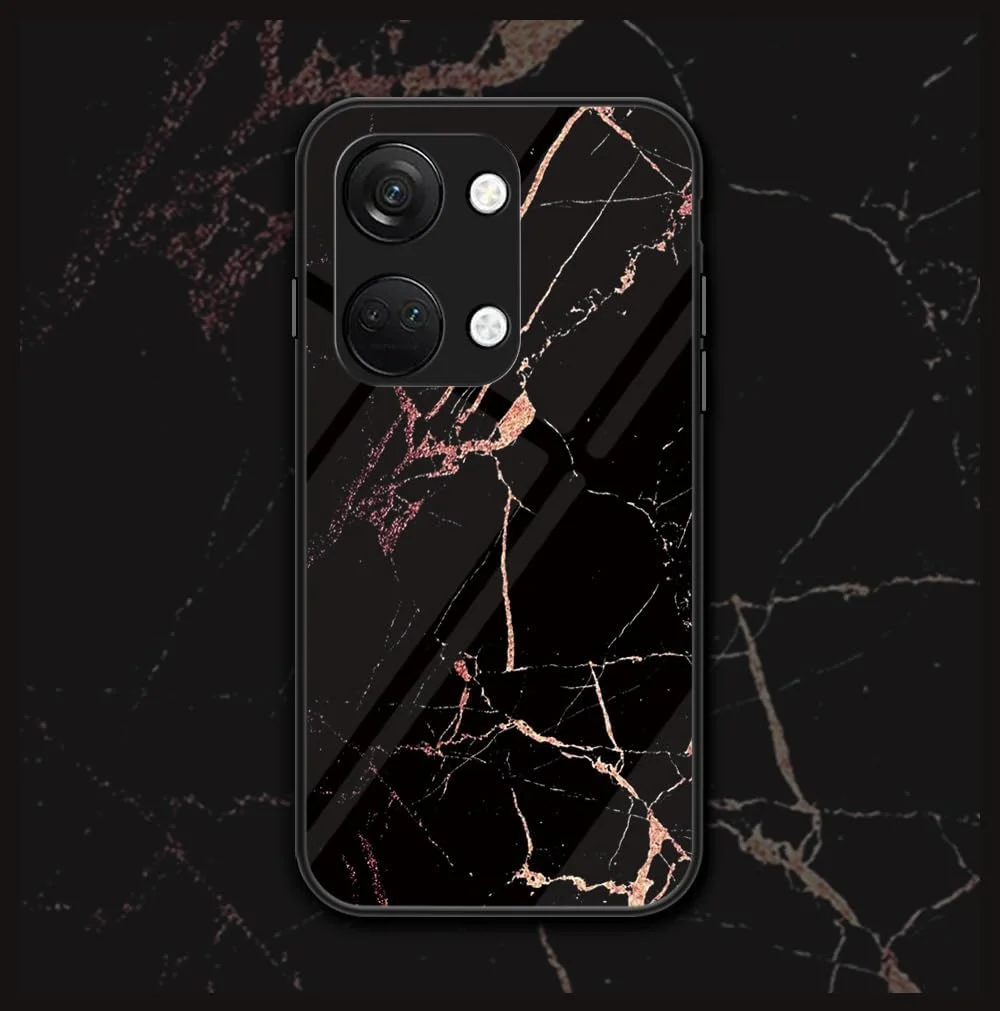 قاب گوشی شیید برای وان پلاس ایس 2 وی/نورد 3، باریک و طرح سنگ مرمر، پوشش پشتی شیشه حرارت دیده با لبه TPU محافظ برای وان پلاس ایس 2 وی/نورد 3 (مشکی طلایی)