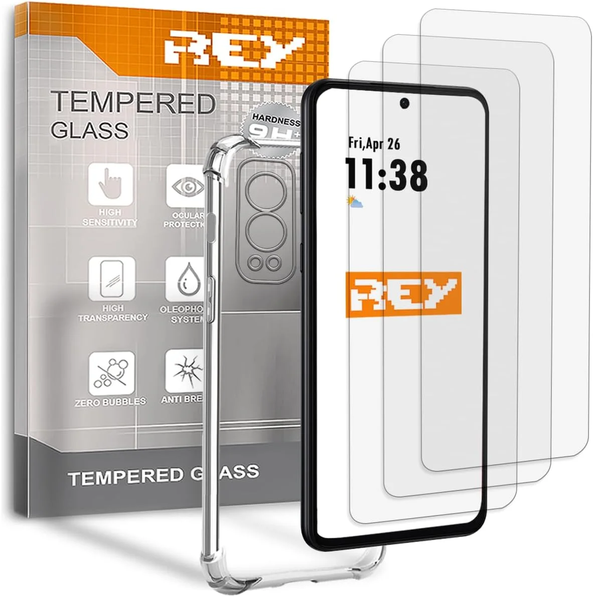 محافظ صفحه نمایش و قاب ضد ضربه REY مدل OnePlus Nord 2 5G، شیشه حرارت دیده و سیلیکون TPU با مقاومت بالا