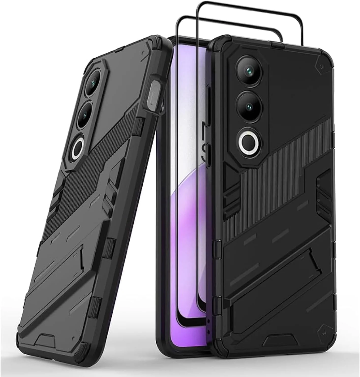 کاور محافظ GMUJIAO سازگار با OnePlus Nord CE 4، کاور ضد ضربه و ضد خش، دارای پایه به همراه 2 محافظ صفحه نمایش شیشه ای مقاوم در برابر خراش - مشکی