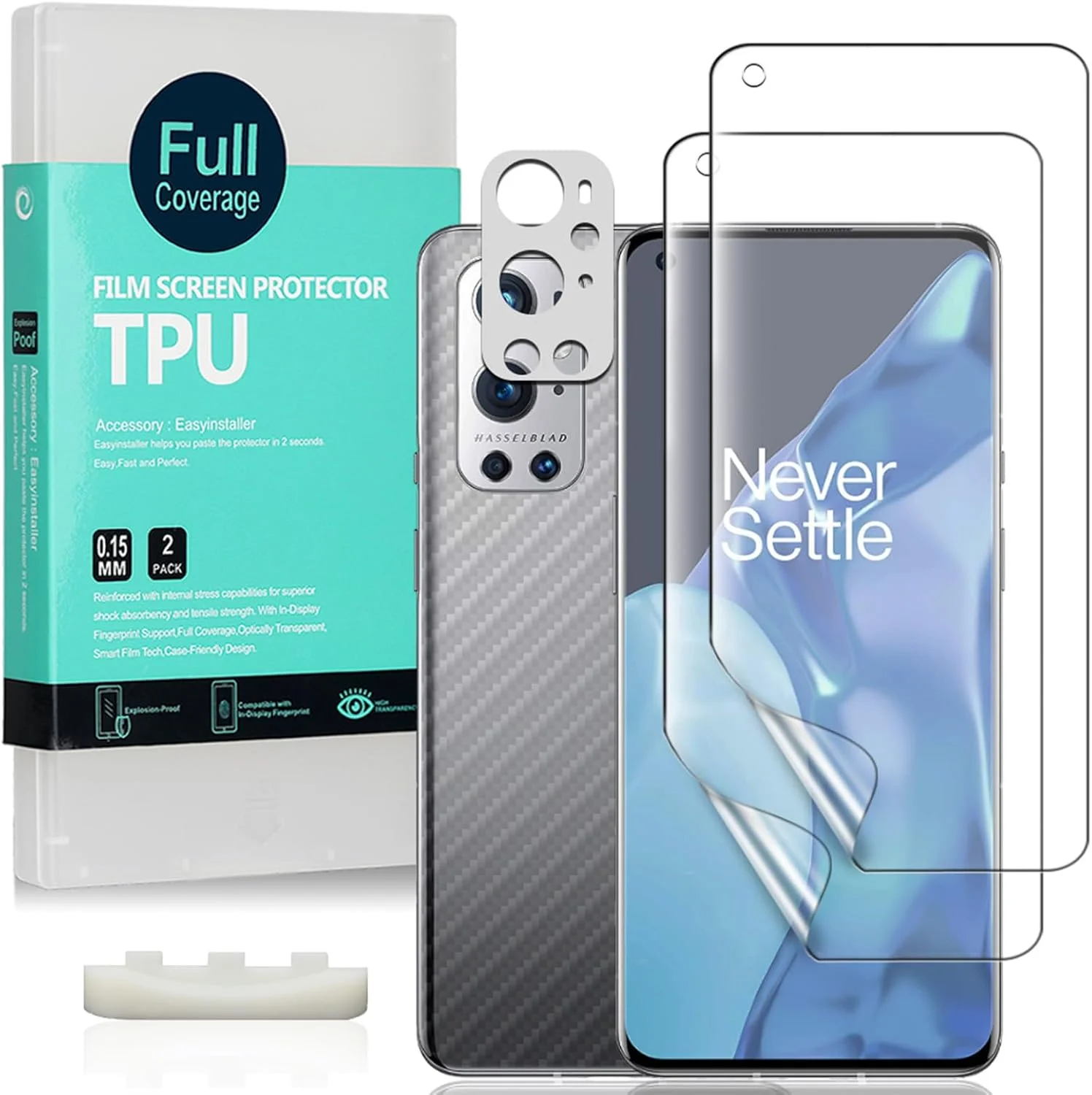 محافظ صفحه نمایش برای OnePlus 9 Pro 5G 6.7 اینچ [2 عدد]، فیلم TPU انعطاف پذیر، همراه با 1 عدد محافظ لنز دوربین، 1 عدد فیلم پشت، بدون حباب، نصب آسان