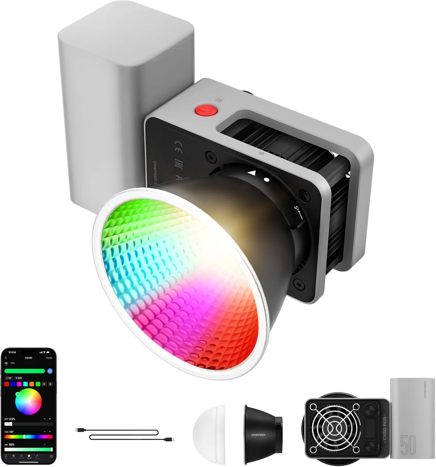 نور ویدئویی RGB زیون مدل CINEPEER CX50 RGB [اورجینال] چراغ ویدئویی LED دستی کوچک 50 واتی با باتری 4500 میلی آمپر ساعتی Type-C PD با شارژ سریع، کنترل برنامه، چراغ دوربین قابل حمل با 2700K-6500K/CRI≈95/TLCI≈96