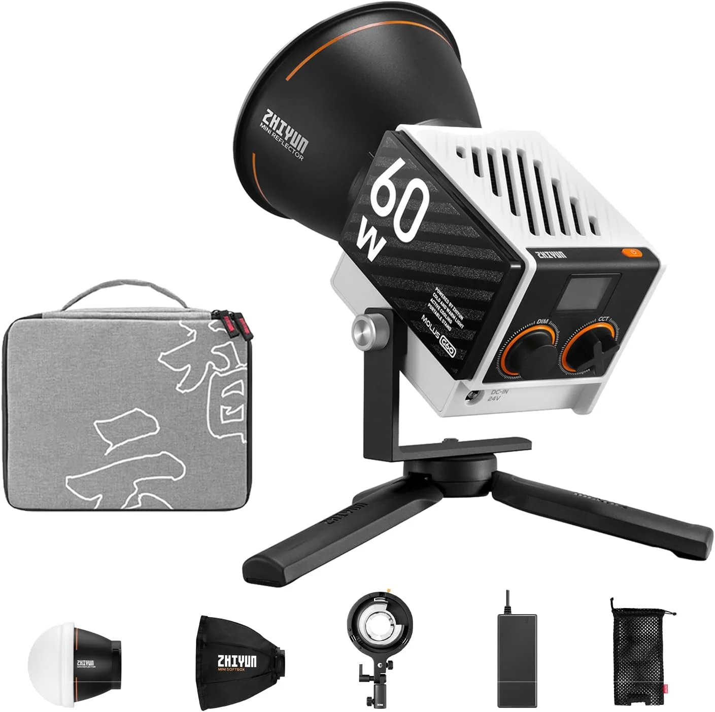 کیت کامل نور ویدیویی ZHIYUN MOLUS G60 [اورجینال] 60W COB، دو رنگ 2700K-6500K، کنترل از راه دور بلوتوث از طریق اپلیکیشن، نور مداوم برای عکاسی، به همراه منبع تغذیه DC/PD و سه پایه برای تولید محتوای یوتیوب، ولاگ و مراسم عروسی