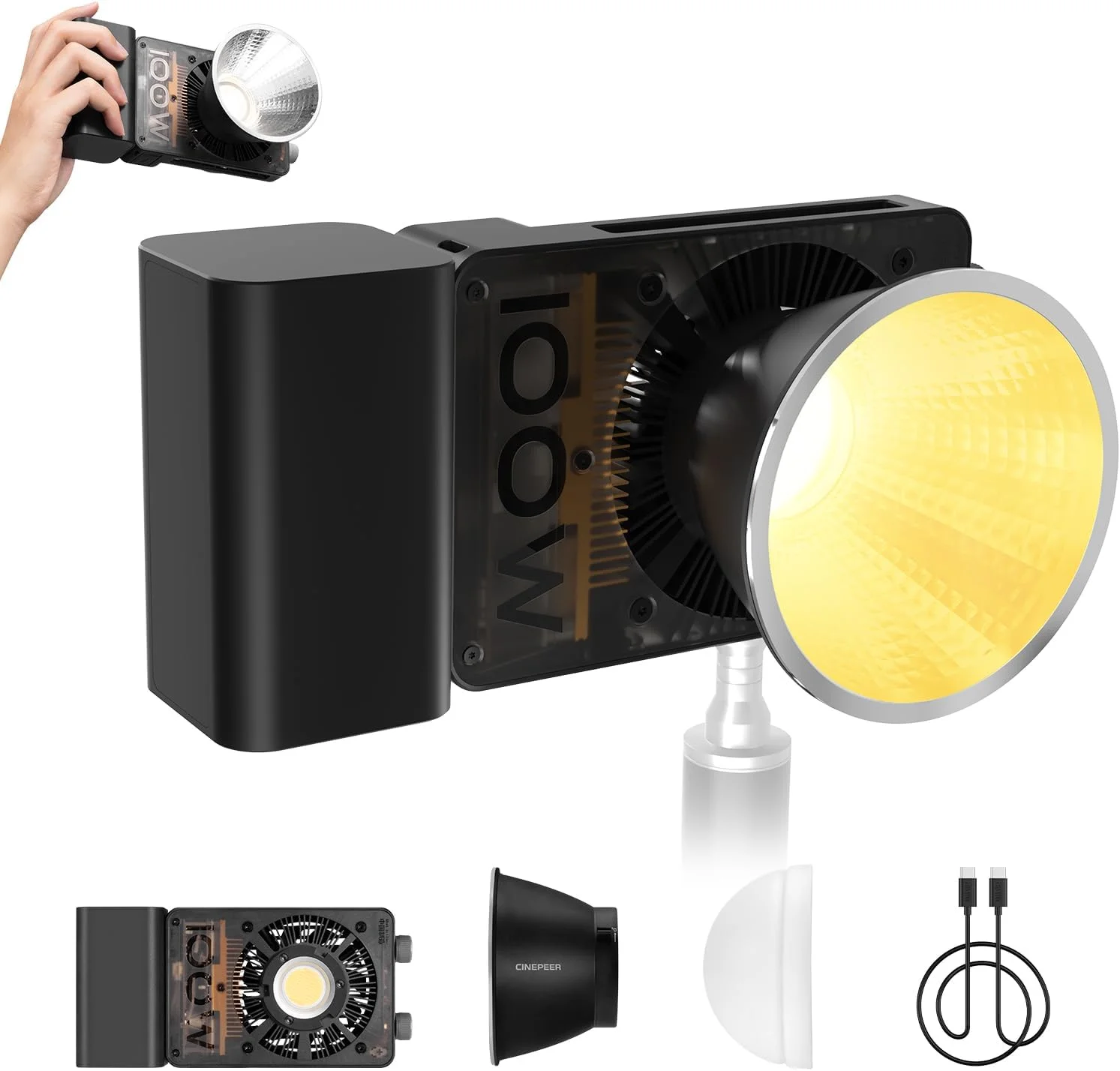 نور ویدئویی ال ای دی 100 وات ZHIYUN CINEPEER CX100 با باتری داخلی 4500 میلی آمپر ساعتی، نورپردازی خروجی مداوم COB دو رنگ 2700K-6500K برای فیلمسازی/پخش زنده/فیلمبرداری/عکاسی استودیویی