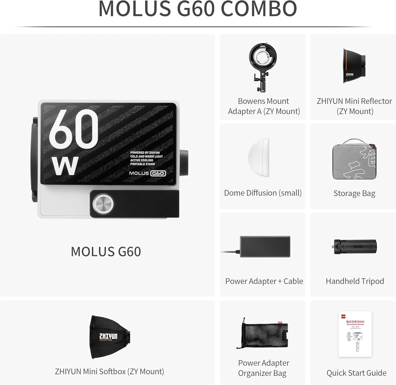 کیت کامل نور ویدیویی ZHIYUN MOLUS G60 [اورجینال] 60W COB، دو رنگ 2700K-6500K، کنترل از راه دور بلوتوث از طریق اپلیکیشن، نور مداوم برای عکاسی، به همراه منبع تغذیه DC/PD و سه پایه برای تولید محتوای یوتیوب، ولاگ و مراسم عروسی