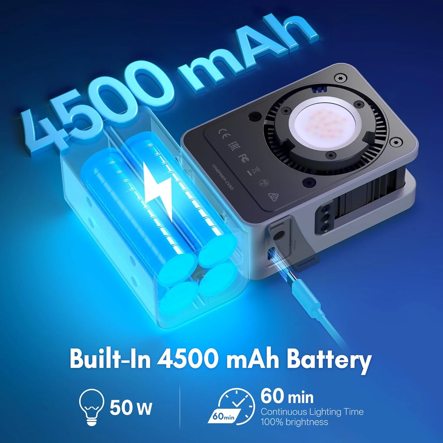 نور ویدئویی RGB زیون مدل CINEPEER CX50 RGB [اورجینال] چراغ ویدئویی LED دستی کوچک 50 واتی با باتری 4500 میلی آمپر ساعتی Type-C PD با شارژ سریع، کنترل برنامه، چراغ دوربین قابل حمل با 2700K-6500K/CRI≈95/TLCI≈96