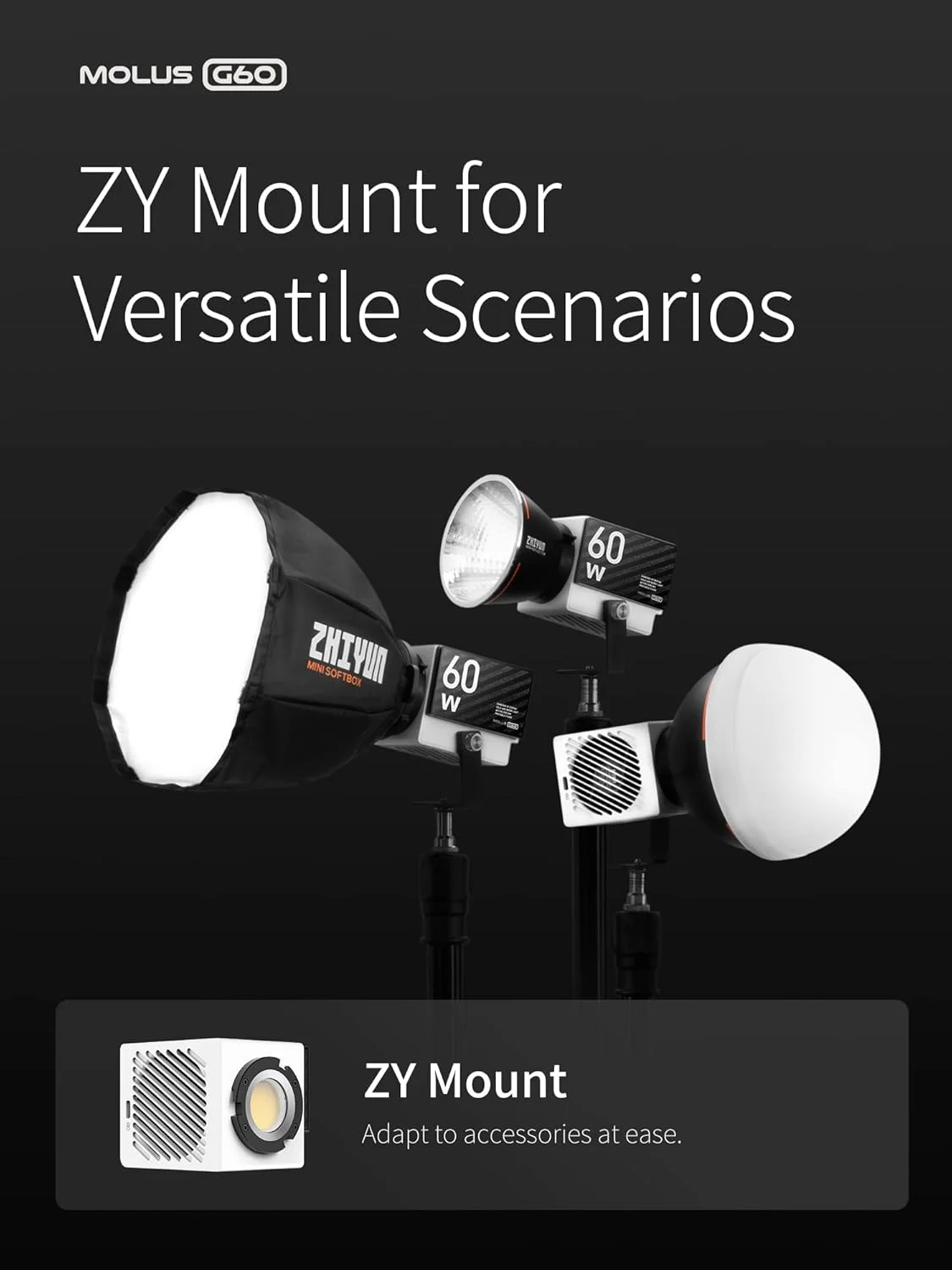 کیت کامل نور ویدیویی ZHIYUN MOLUS G60 [اورجینال] 60W COB، دو رنگ 2700K-6500K، کنترل از راه دور بلوتوث از طریق اپلیکیشن، نور مداوم برای عکاسی، به همراه منبع تغذیه DC/PD و سه پایه برای تولید محتوای یوتیوب، ولاگ و مراسم عروسی