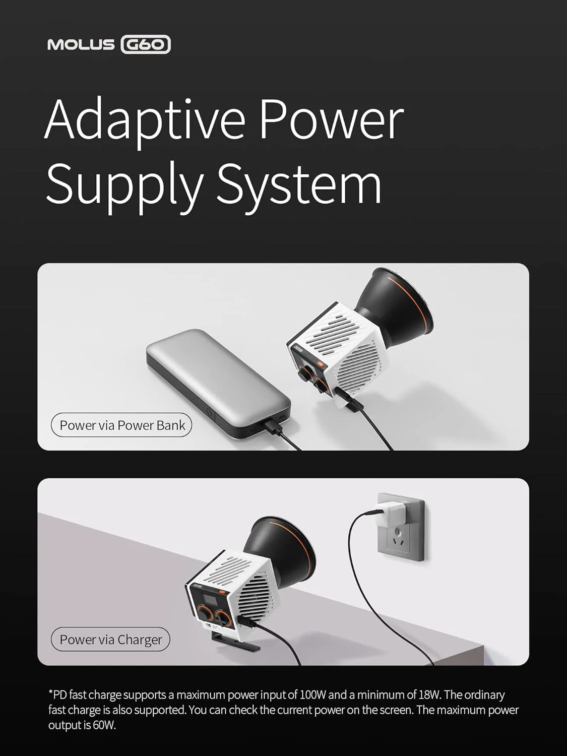 کیت کامل نور ویدیویی ZHIYUN MOLUS G60 [اورجینال] 60W COB، دو رنگ 2700K-6500K، کنترل از راه دور بلوتوث از طریق اپلیکیشن، نور مداوم برای عکاسی، به همراه منبع تغذیه DC/PD و سه پایه برای تولید محتوای یوتیوب، ولاگ و مراسم عروسی
