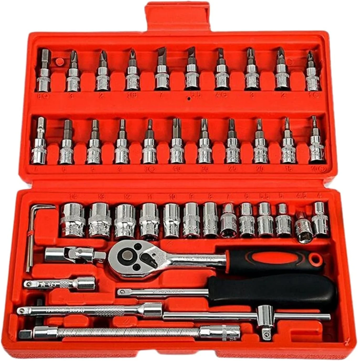 مجموعه آچار بکس 46 عددی 1/4 اینچ شامل پیچ گوشتی، آچار جغجغه ای و ابزار تعمیر خودرو مدل Leunlee