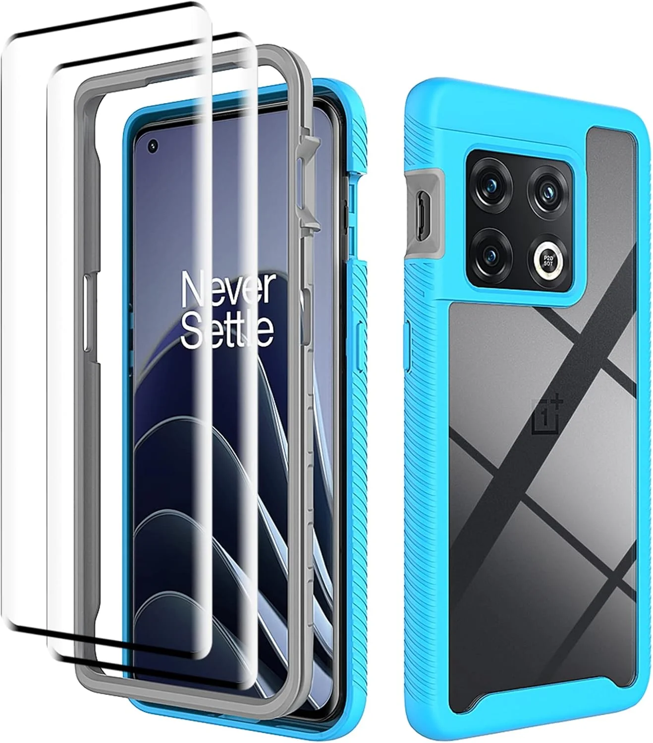 کاور GMUJIAO برای OnePlus 10 Pro، کاور محافظ PC/TPU شفاف با 2 محافظ صفحه نمایش شیشه ای مقاوم در برابر خش - آبی روشن