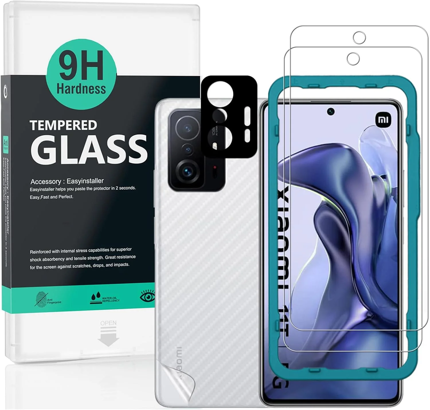 محافظ صفحه نمایش شیشه ای [بسته 2 عددی] Ibywind مناسب برای گوشی شیائومی 11T 5G / شیائومی 11T Pro 5G (6.67 اینچ) به همراه محافظ لنز دوربین و برچسب فیبر کربن پشت، شیشه حرارت دیده 9H، ضد خش، نصب آسان، شفافیت HD