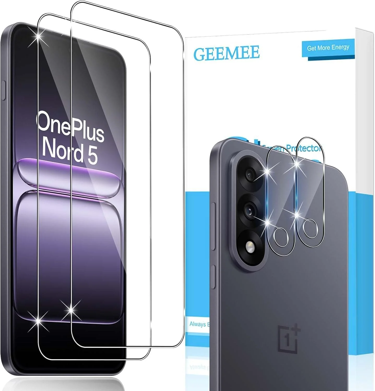 محافظ صفحه نمایش شیشه ای و فیلم محافظ دوربین GEEMEE 2 + 2 عددی برای OnePlus Nord 5، شیشه محافظ سخت شده با سختی 9H، محافظ صفحه نمایش با حساسیت بالا