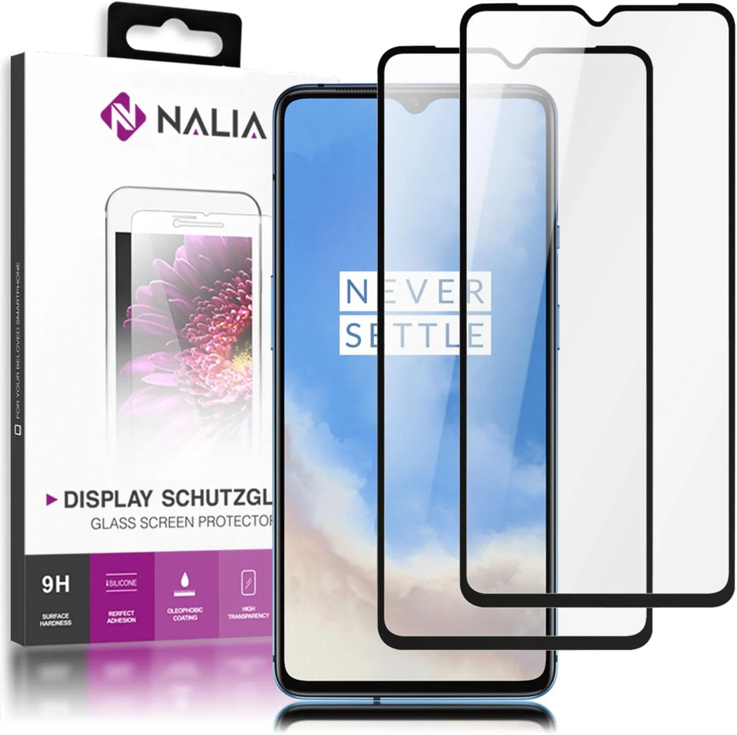 محافظ صفحه نمایش نالیا (2 عددی) سازگار با OnePlus 7T، شیشه ای، پوشش کامل 9H، فیلم محافظ خمیده، محافظ LCD گوشی هوشمند، پوشش ضد شکست - مشکی شفاف