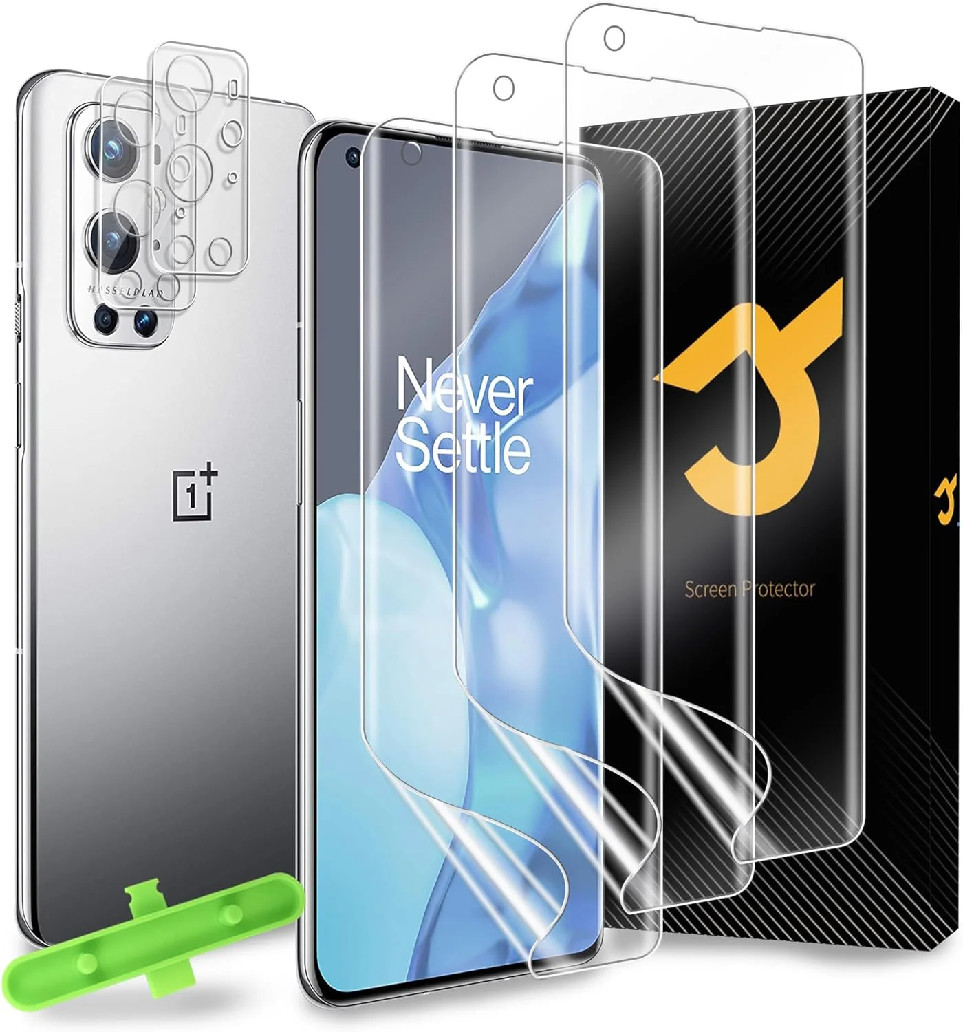 محافظ صفحه نمایش JZG سه عددی برای OnePlus 9 Pro (نرم)، محافظ لنز دوربین دو عددی، پشتیبانی از باز کردن قفل اثر انگشت، نصب آسان، ضد خش، شفافیت HD