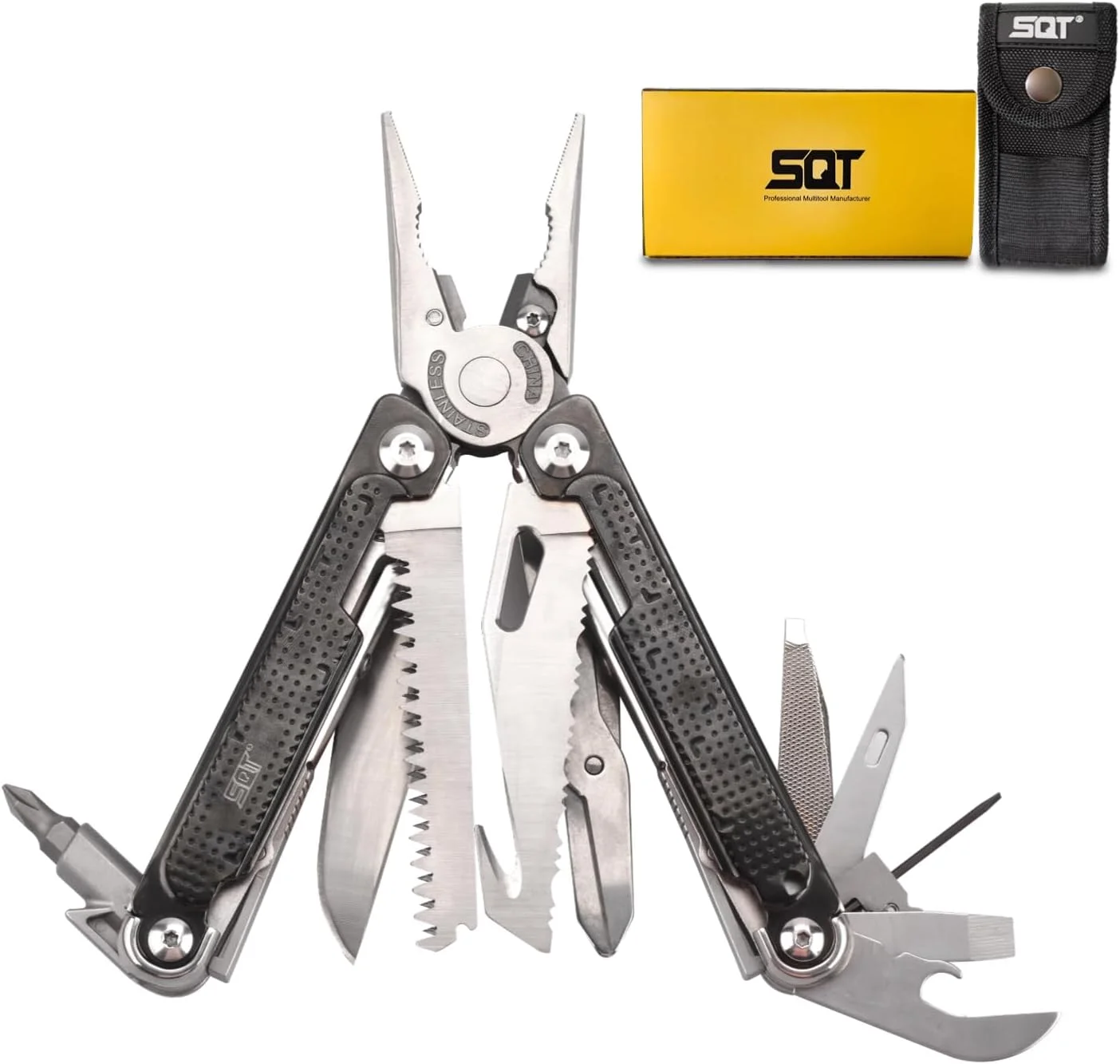 ابزار چندکاره 20 در 1 مدل SQT2048، هدیه ای برای آقایان، تاشو و خود قفل شونده، ابزار چندکاره حرفه ای برای کارهای DIY، کمپینگ در فضای باز و تعمیرات منزل، مشکی