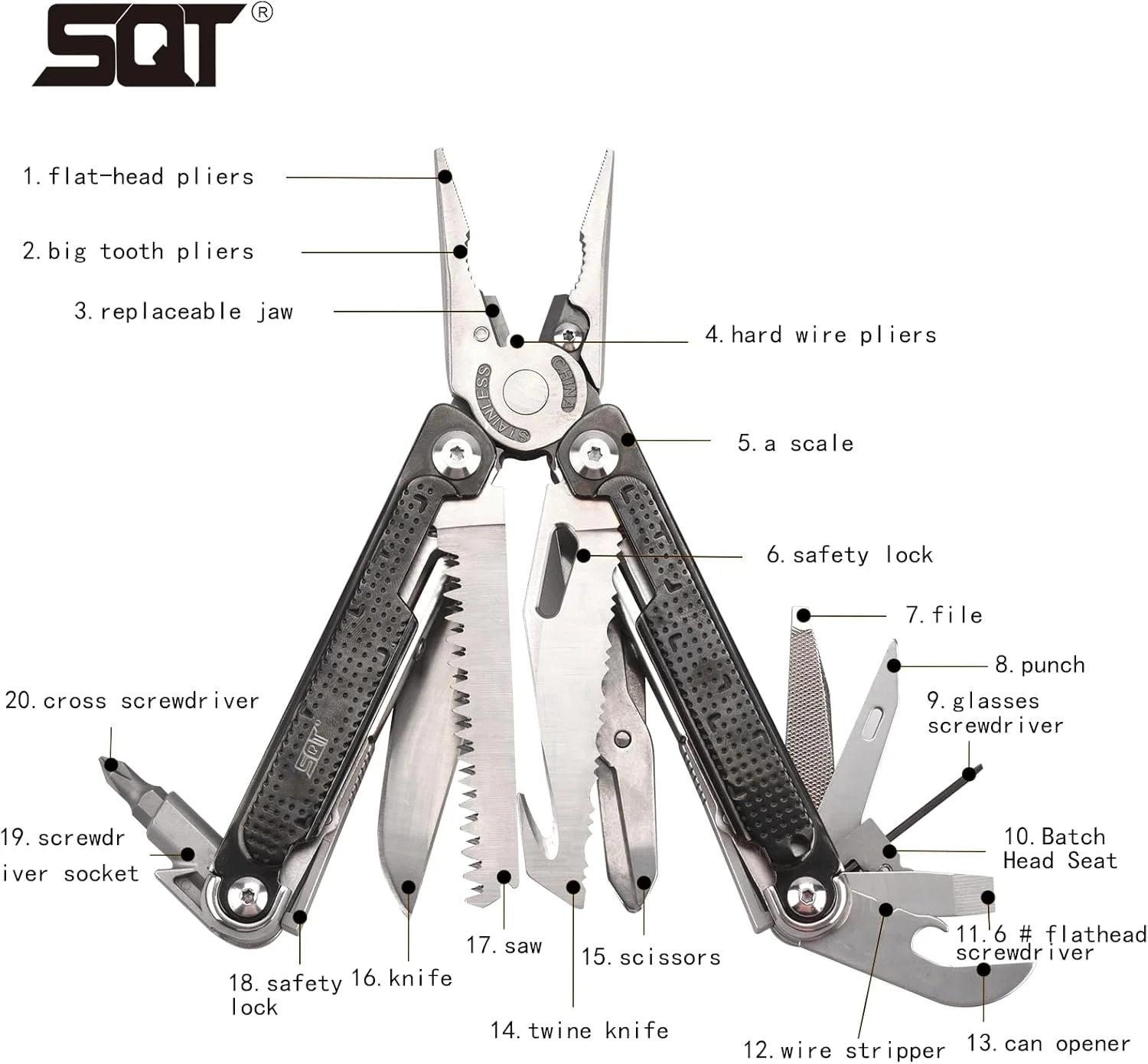 ابزار چندکاره 20 در 1 مدل SQT2048، هدیه ای برای آقایان، تاشو و خود قفل شونده، ابزار چندکاره حرفه ای برای کارهای DIY، کمپینگ در فضای باز و تعمیرات منزل، مشکی