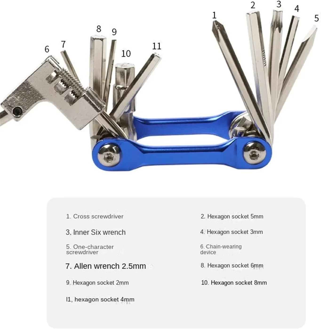 ست ابزار تعمیر دوچرخه 11 در 1 چند منظوره، آچار، پیچ گوشتی، زنجیر، آچار آلن، ابزار پره، آلیاژ آلومینیوم بادوام تاشو قابل حمل برای دوچرخه سواری کوهستانی
