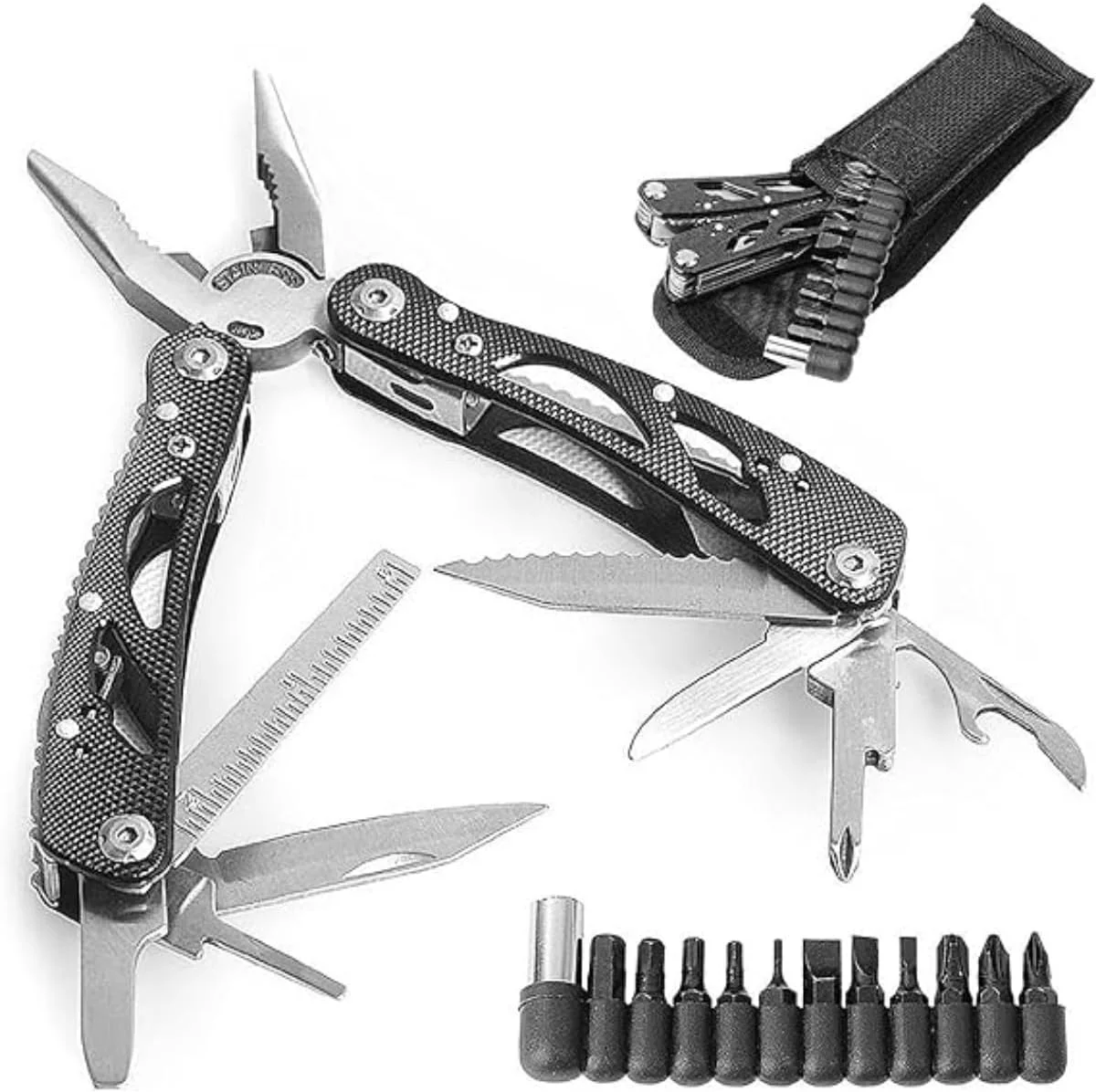 ست انبر چندکاره – ابزار جیبی 12 در 1 فولاد ضد زنگ با سری پیچ گوشتی، چاقو، اره و موارد دیگر – ابزار بقای EDC برای کمپینگ، پیاده روی و تعمیرات