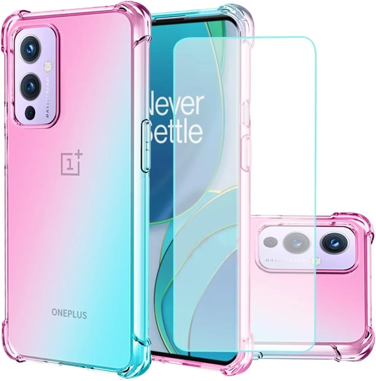 قاب ژله ای Jhxtech برای گوشی OnePlus 9 5G به همراه محافظ صفحه نمایش شیشه ای حرارت دیده [2 عدد]، قاب باریک ضد خش TPU با پوشش محافظ ضد ضربه برای OnePlus 9 5G (صورتی/سبز)