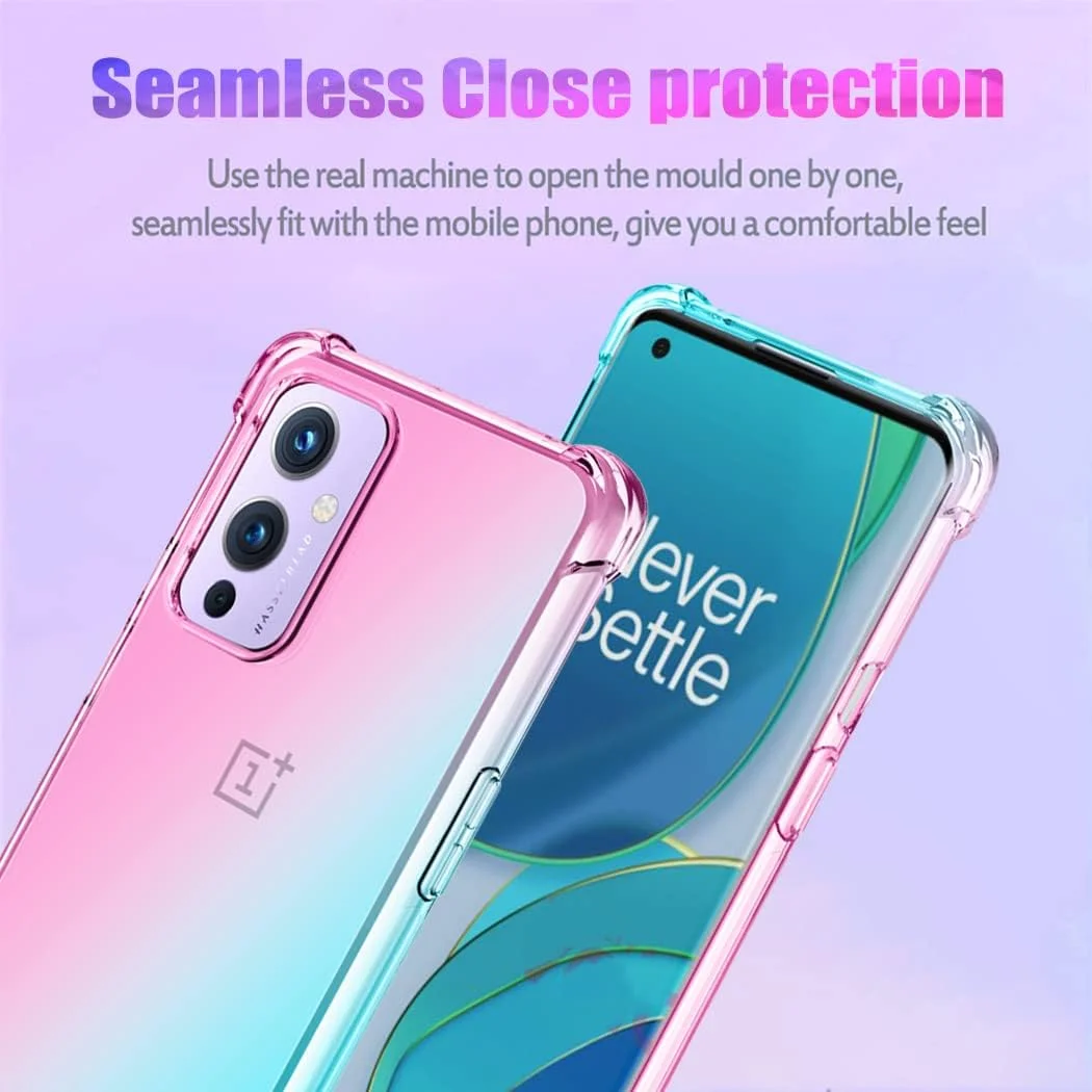 قاب ژله ای Jhxtech برای گوشی OnePlus 9 5G به همراه محافظ صفحه نمایش شیشه ای حرارت دیده [2 عدد]، قاب باریک ضد خش TPU با پوشش محافظ ضد ضربه برای OnePlus 9 5G (صورتی/سبز)
