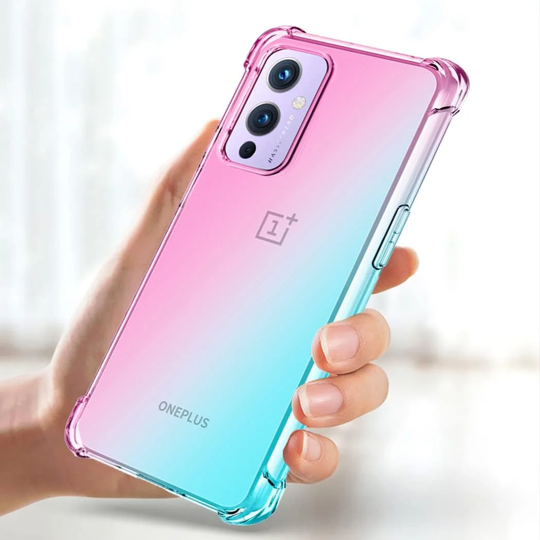 قاب ژله ای Jhxtech برای گوشی OnePlus 9 5G به همراه محافظ صفحه نمایش شیشه ای حرارت دیده [2 عدد]، قاب باریک ضد خش TPU با پوشش محافظ ضد ضربه برای OnePlus 9 5G (صورتی/سبز)