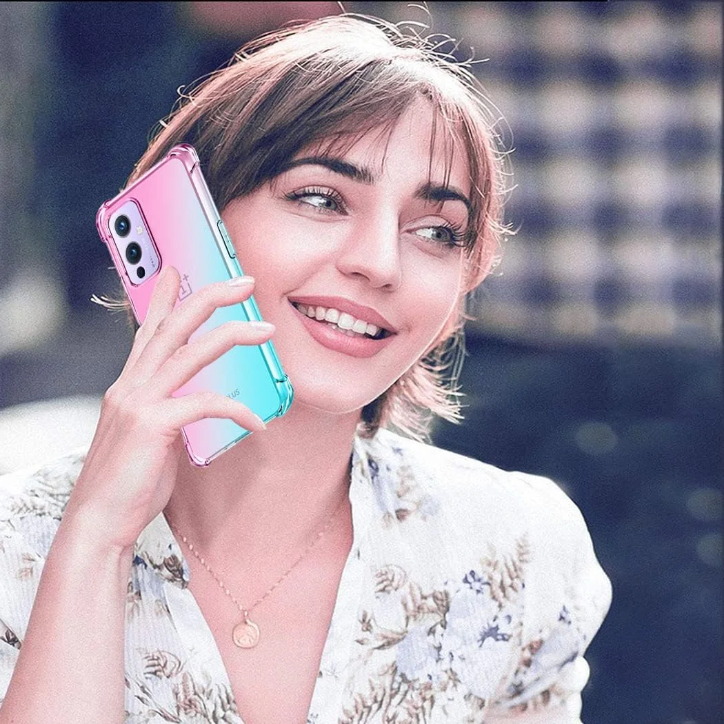 قاب ژله ای Jhxtech برای گوشی OnePlus 9 5G به همراه محافظ صفحه نمایش شیشه ای حرارت دیده [2 عدد]، قاب باریک ضد خش TPU با پوشش محافظ ضد ضربه برای OnePlus 9 5G (صورتی/سبز)