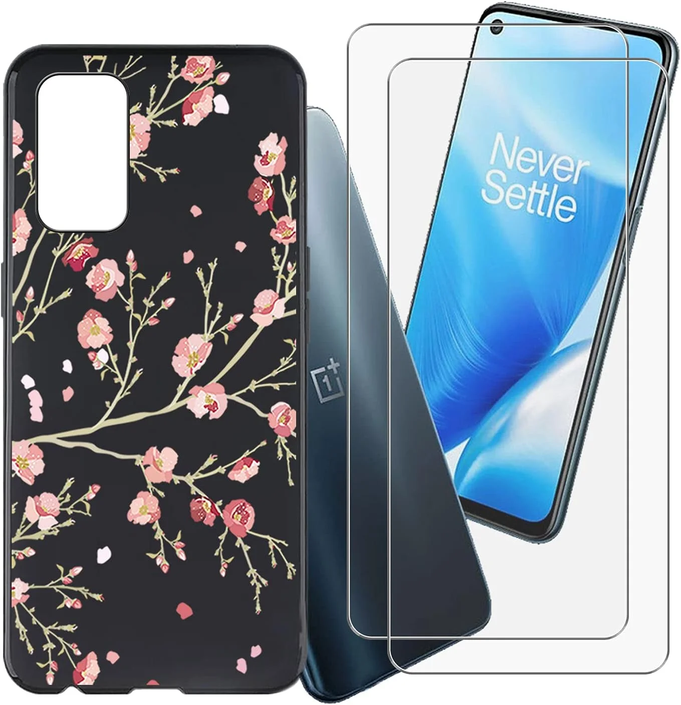 AQGG [بسته 2 عددی] محافظ صفحه نمایش شیشه ای حرارت دیده + کاور برای OnePlus Nord N200 5G [6.49 اینچ]، محافظ صفحه نمایش با سختی 9H و قاب سیلیکونی نرم مشکی رنگ - شکوفه هلو