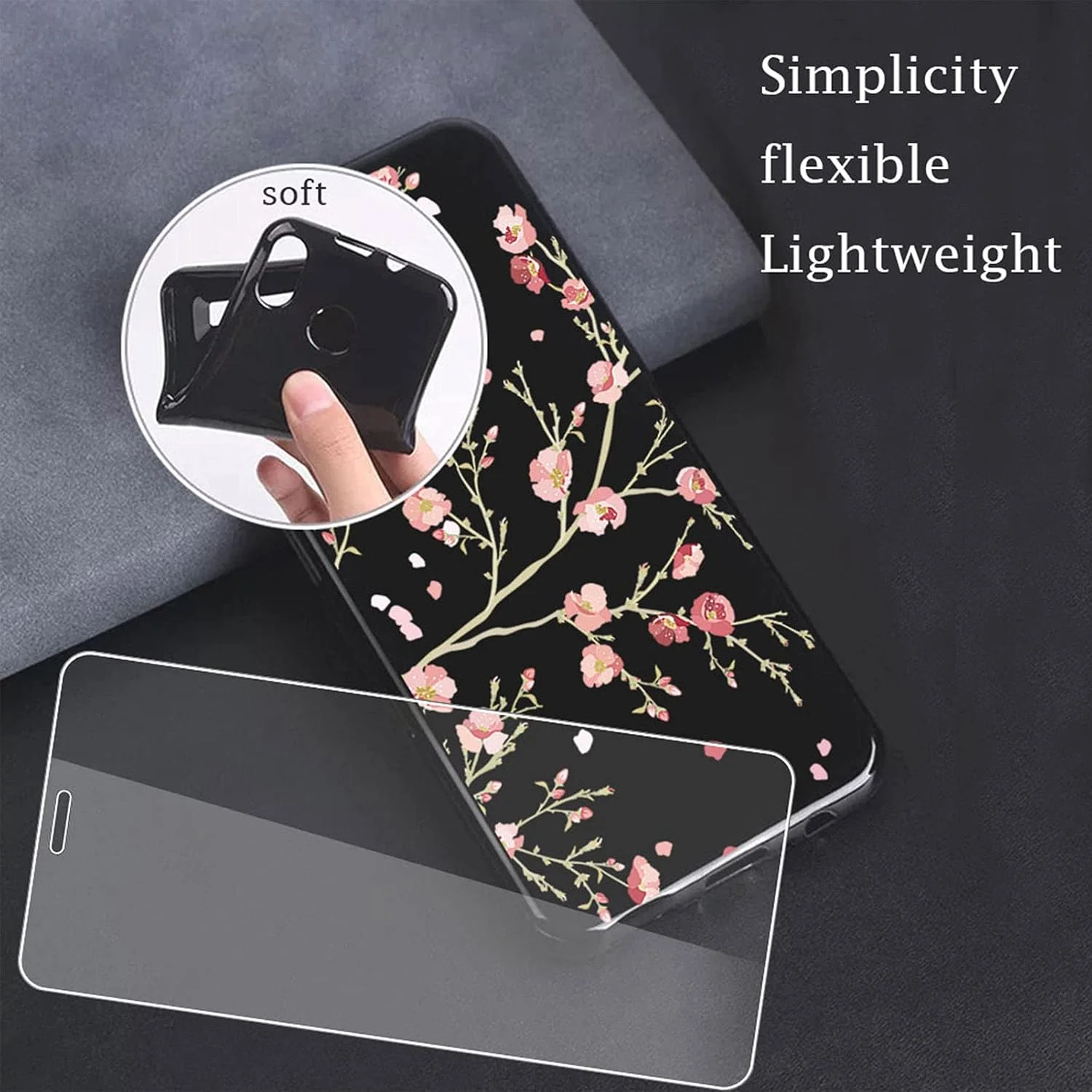 AQGG [بسته 2 عددی] محافظ صفحه نمایش شیشه ای حرارت دیده + کاور برای OnePlus Nord N200 5G [6.49 اینچ]، محافظ صفحه نمایش با سختی 9H و قاب سیلیکونی نرم مشکی رنگ - شکوفه هلو