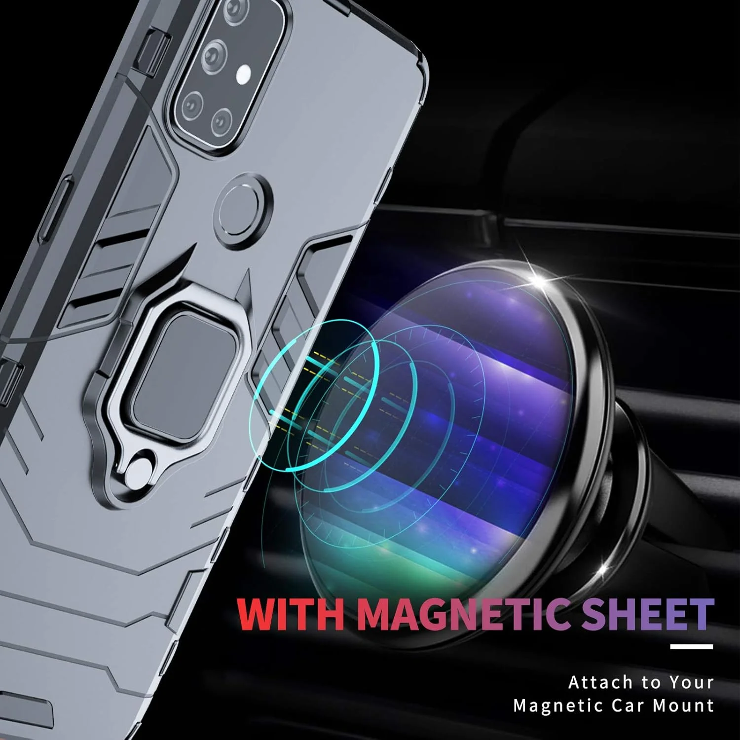 قاب گوشی Jusy سازگار با وان پلاس نورد N10 5G، محافظ صفحه نمایش شیشه ای حرارت دیده و محافظ دوربین برای 1+ نورد N10، قاب محافظ با پایه نگهدارنده چرخان و صفحه مغناطیسی (سرمه ای)