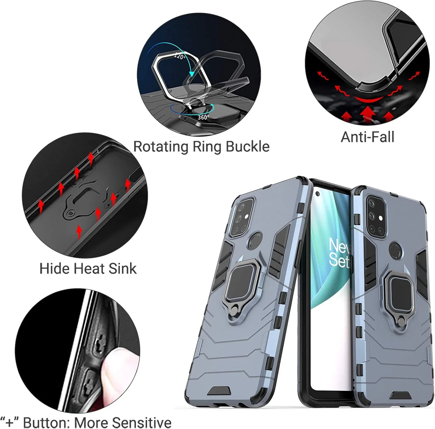 قاب گوشی Jusy سازگار با وان پلاس نورد N10 5G، محافظ صفحه نمایش شیشه ای حرارت دیده و محافظ دوربین برای 1+ نورد N10، قاب محافظ با پایه نگهدارنده چرخان و صفحه مغناطیسی (سرمه ای)