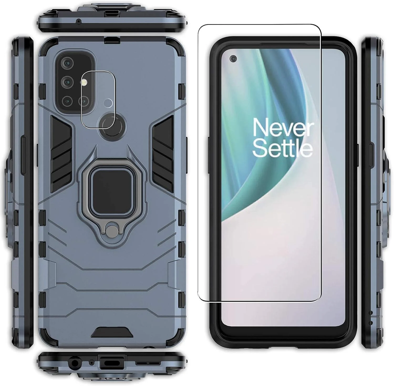 قاب گوشی Jusy سازگار با وان پلاس نورد N10 5G، محافظ صفحه نمایش شیشه ای حرارت دیده و محافظ دوربین برای 1+ نورد N10، قاب محافظ با پایه نگهدارنده چرخان و صفحه مغناطیسی (سرمه ای)